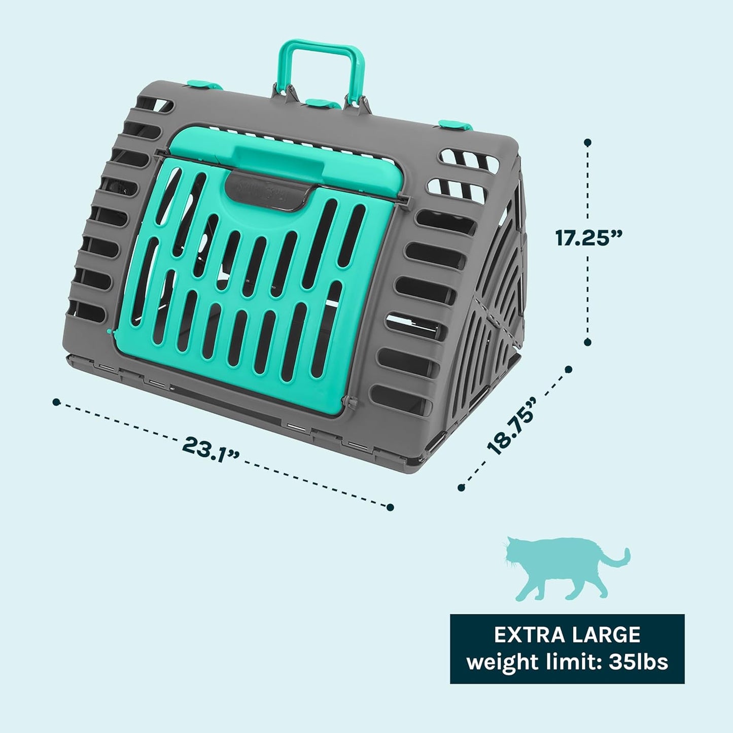 Sportpet Travel Cat Carrier, Hard-Sided Cat Carrier with Patented Wide Side-Opening Door, Foldable Portable Pet Carrier with Removable Bed for Cats & Small Pets up to 25 Lbs - Dark Grey/Teal