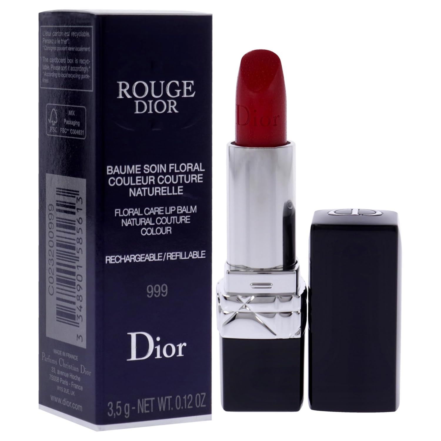 Rouge  Colored Satin Lip Balm - 999 the Iconic Red for Women - 0.12 Oz Lipstick (Refillable)