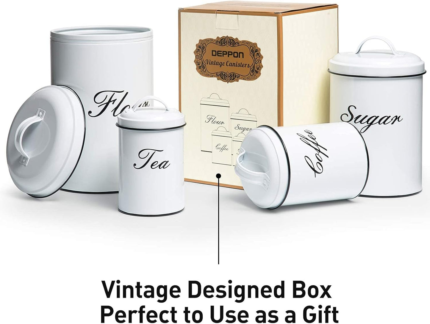 White Canister Sets for Kitchen Counter, Flour and Sugar Containers, Vintage Farmhouse Design Food Storage Container, 4 Pack