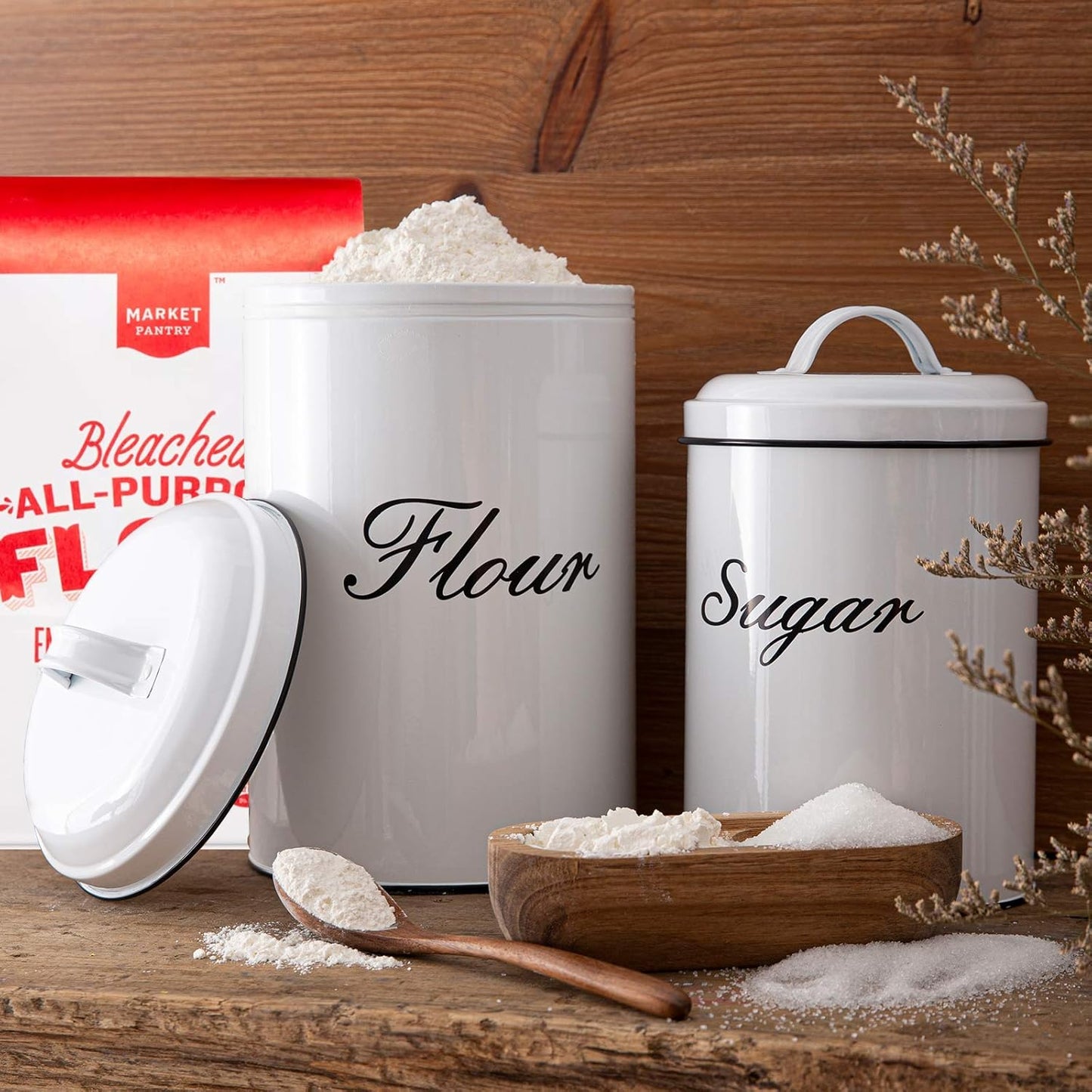 White Canister Sets for Kitchen Counter, Flour and Sugar Containers, Vintage Farmhouse Design Food Storage Container, 4 Pack