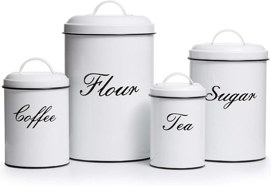 White Canister Sets for Kitchen Counter, Flour and Sugar Containers, Vintage Farmhouse Design Food Storage Container, 4 Pack