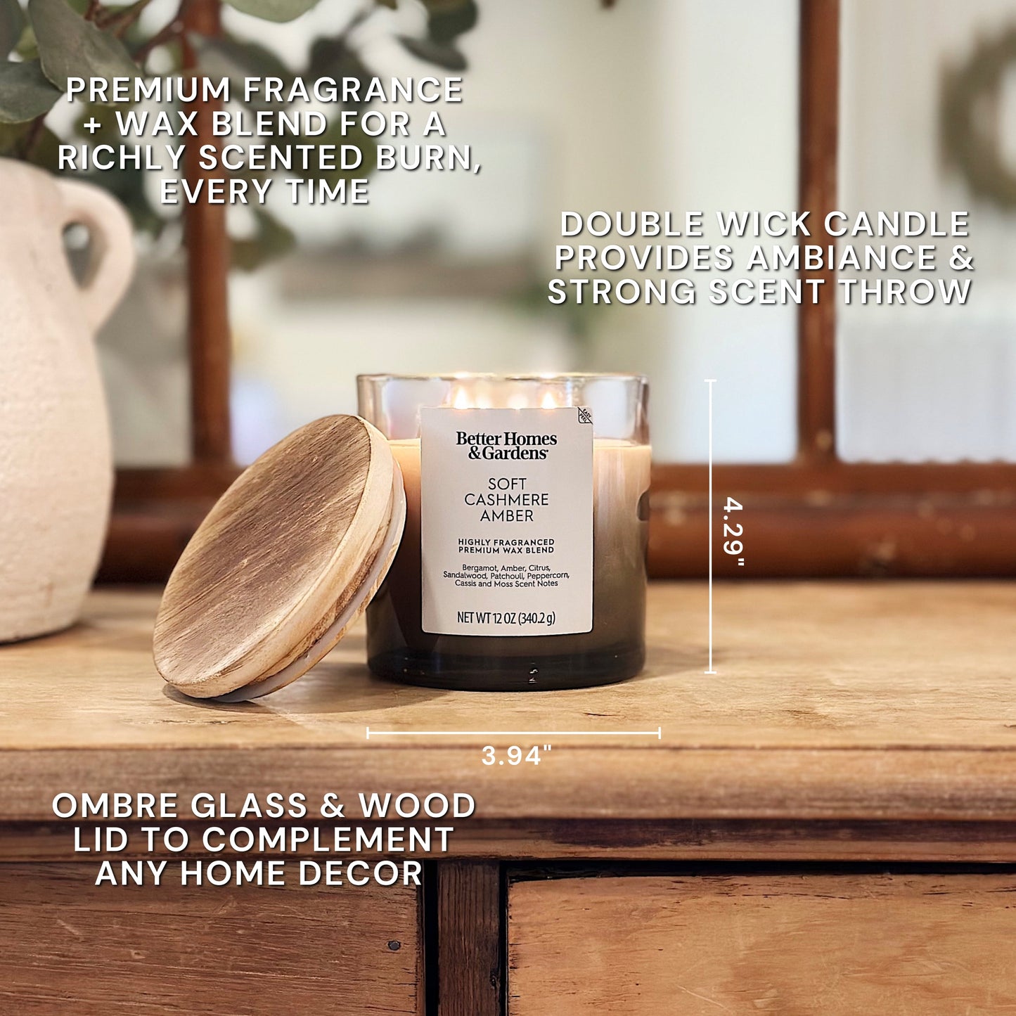 Better Homes and Gardens Soft Cashmere and Amber Scented 2-Wick Ombre Jar Candle 12Oz.