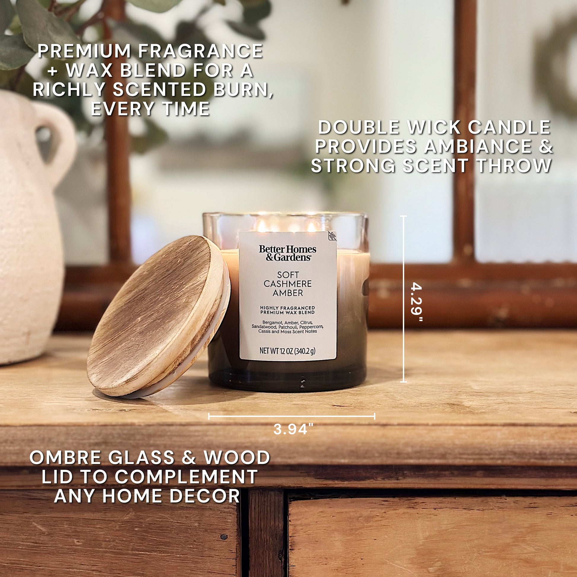 Better Homes and Gardens Soft Cashmere and Amber Scented 2-Wick Ombre Jar Candle 12Oz.
