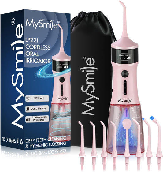 LP221 UVC Sterilizable Cordless Water Flossers for Teeth 335ML Portable OLED Display Dental Flosser with 4 Modes 8 Jet Tips and a Storage Pouch for Home and Travel (Juicy Pink)