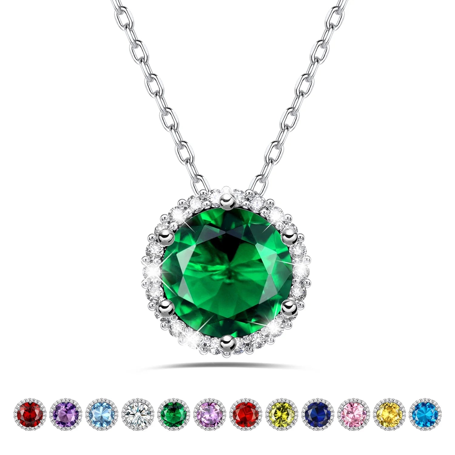 Birthstone Necklace for Women 925 Sterling Silver Necklaces May round Green Emerald Crystal Pendant Gifts for Everyday Wear