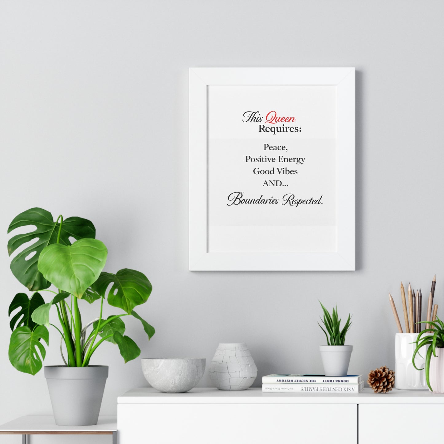 Framed Vertical Poster — "This Queen Requires: Peace, Positive Energy, Good Vibes & Boundaries Respected"