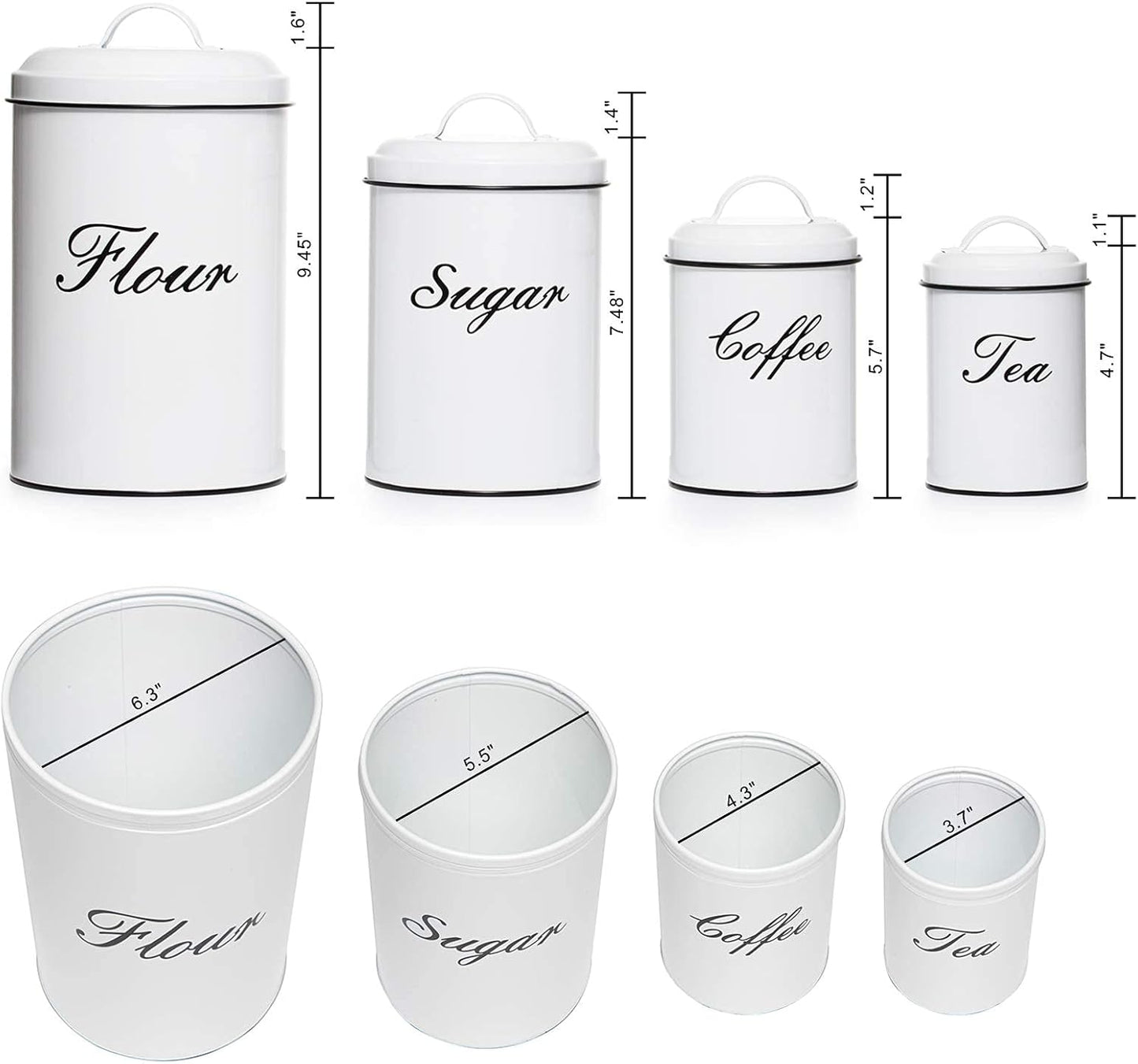 White Canister Sets for Kitchen Counter, Flour and Sugar Containers, Vintage Farmhouse Design Food Storage Container, 4 Pack