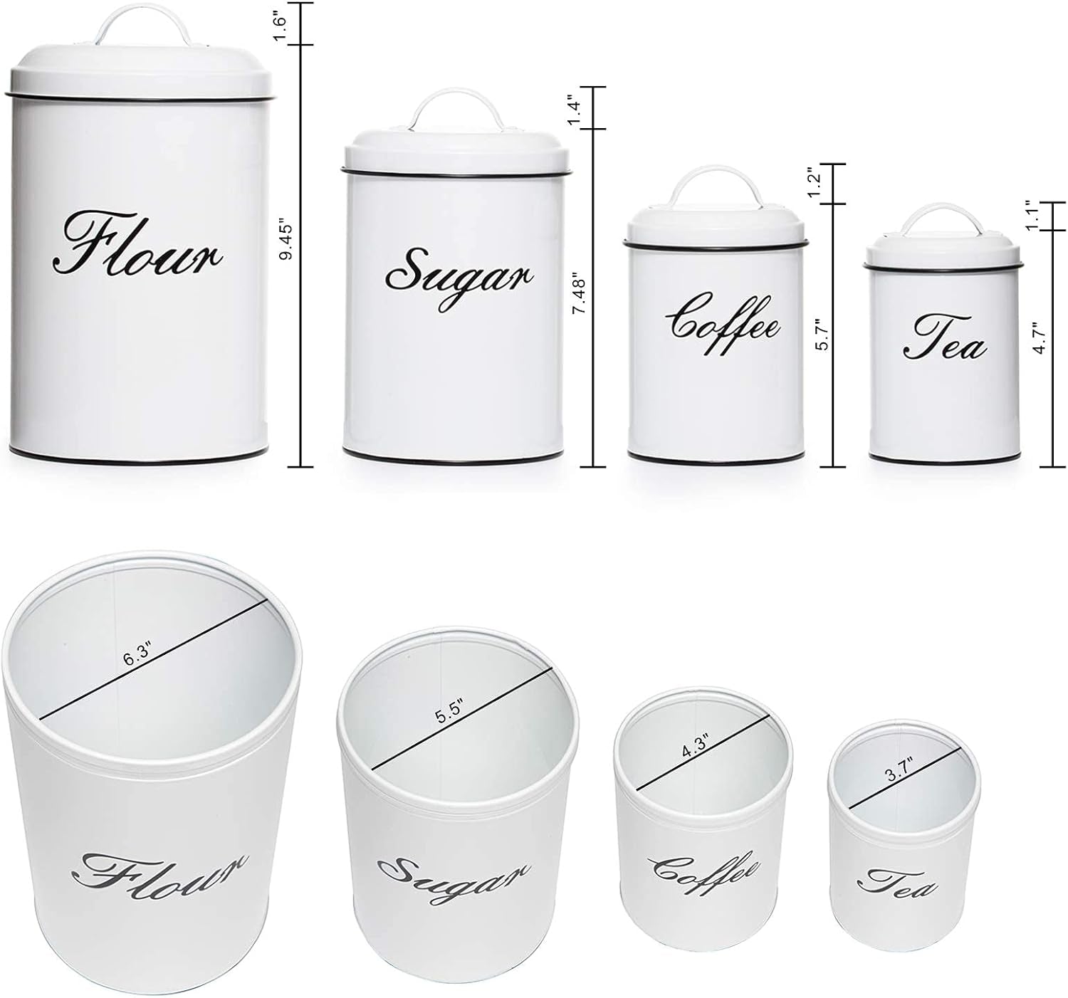 White Canister Sets for Kitchen Counter, Flour and Sugar Containers, Vintage Farmhouse Design Food Storage Container, 4 Pack
