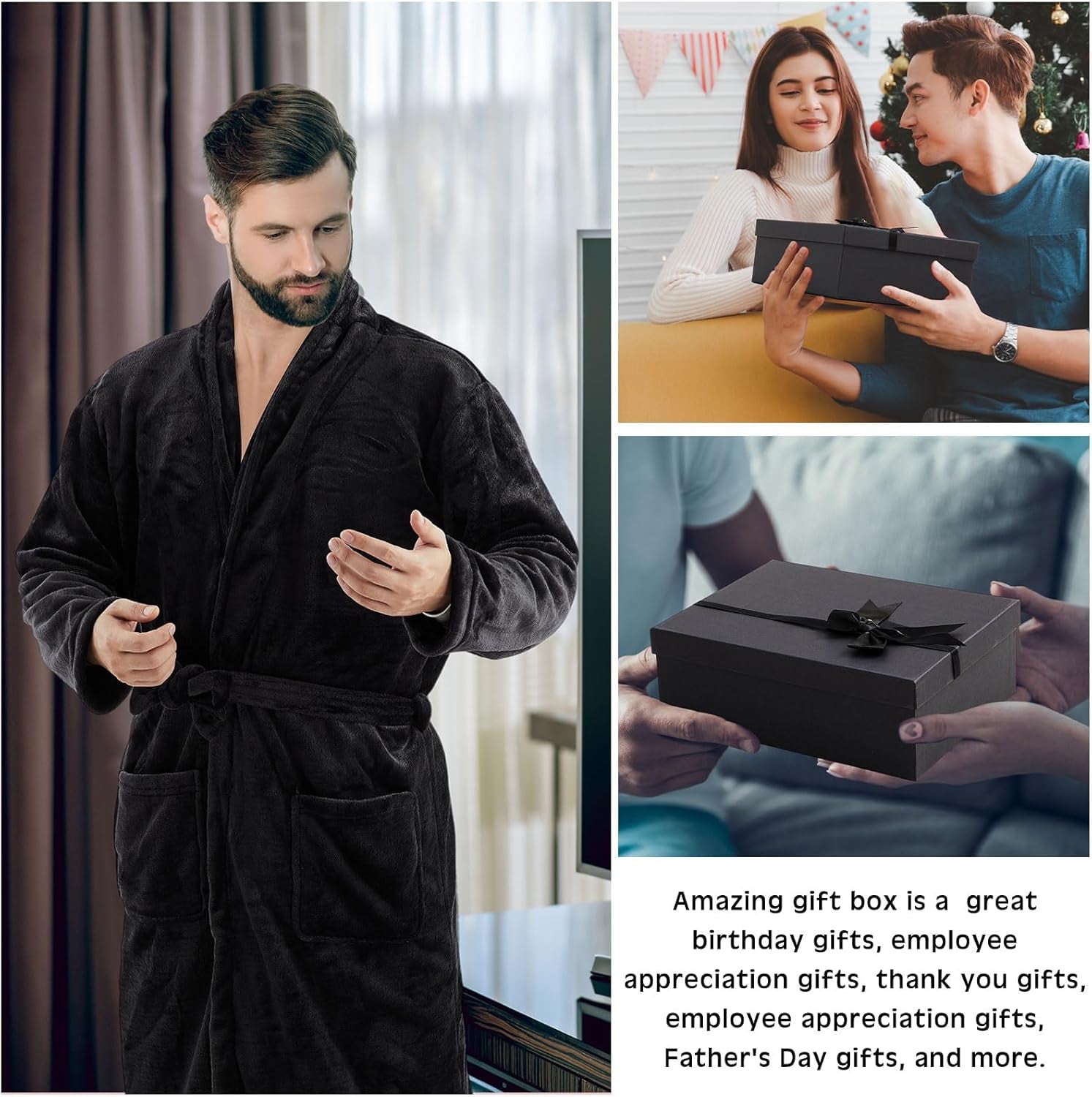 15 Pcs Birthday Gifts for Men Beard Care Set for Him Dad Birthday Gifts Basket Ideas Kit for Men Tumbler Bath Robe for Father'S Day Dad Husband Boyfriend Box (Unhooded,Black)