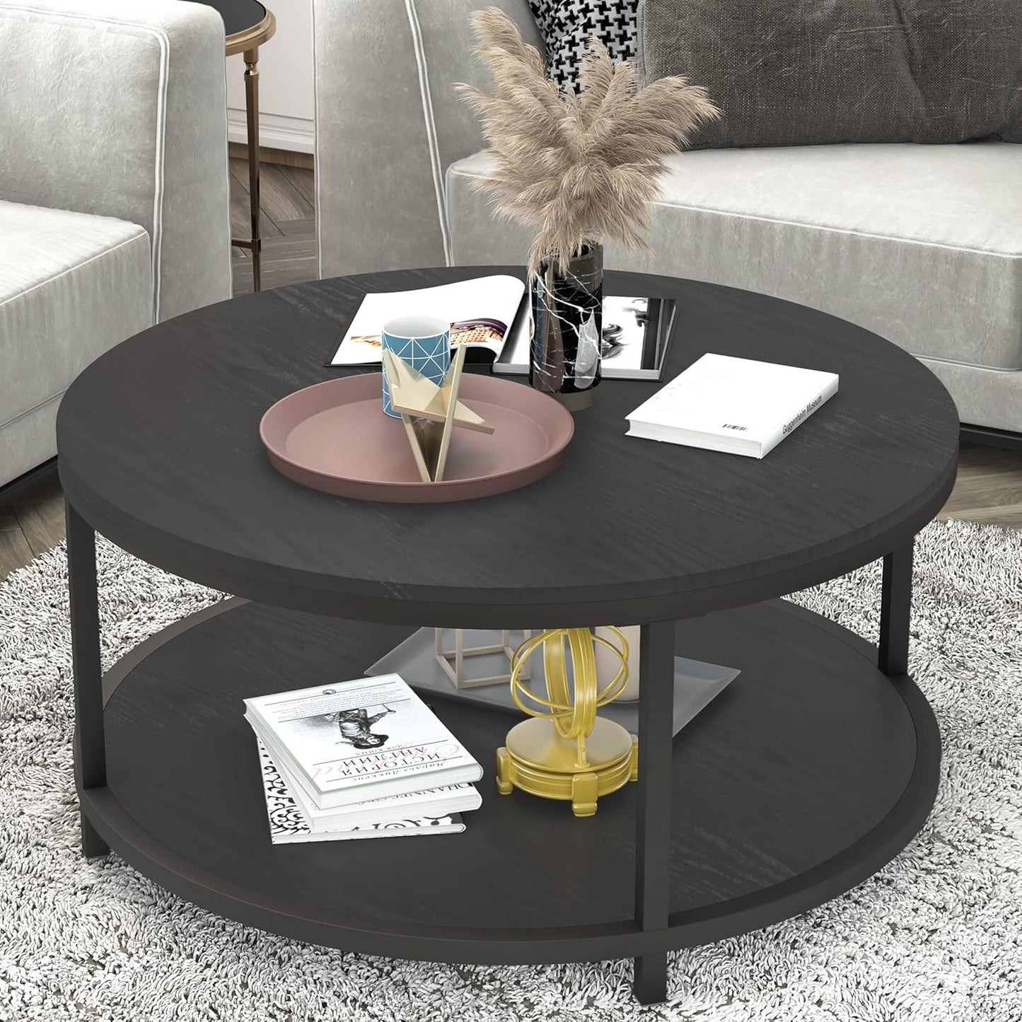 round Coffee Table, 36" Rustic Wooden Surface Top & Sturdy Metal Legs Industrial Sofa Table for Living Room Modern Design Home Furniture with Storage Open Shelf (Black Oak)