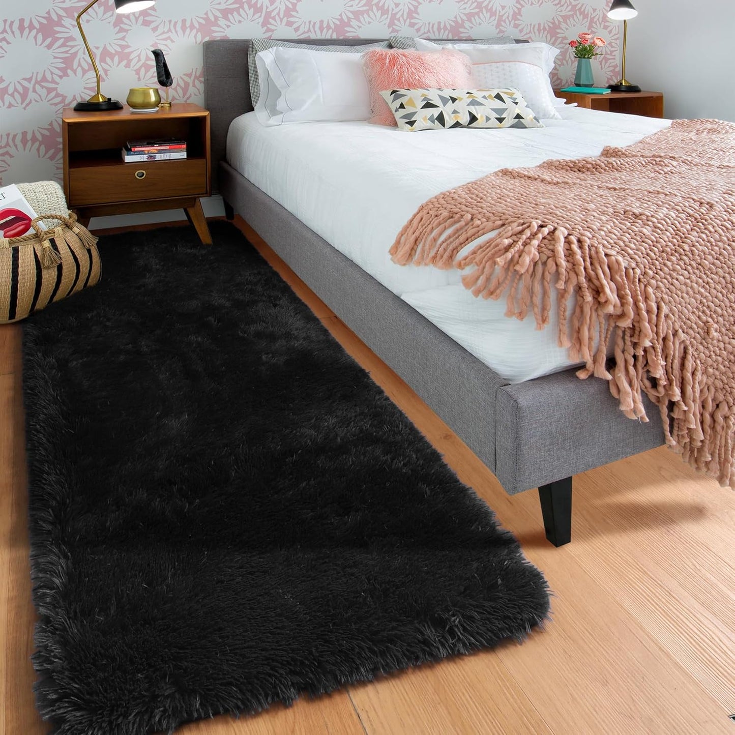 Black Runner Rugs for Bedroom Living Room, 2X6 Bedside Fluffy Area Rug, Indoor Ultra Soft Plush Shaggy Furry Floor Throw Carpet for Hallway Nursery Kids Boys Girls Dorm Closet Home Decor