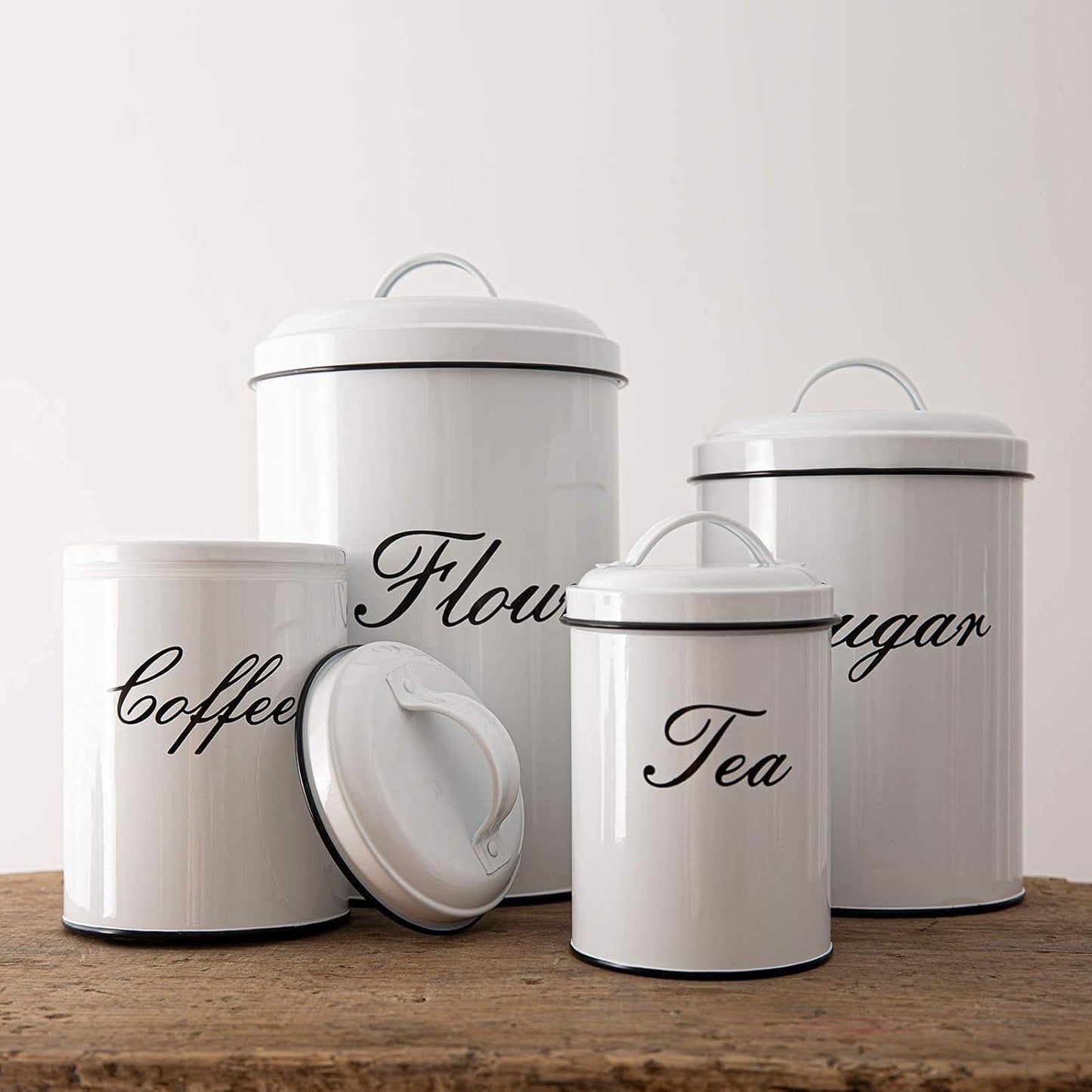 White Canister Sets for Kitchen Counter, Flour and Sugar Containers, Vintage Farmhouse Design Food Storage Container, 4 Pack