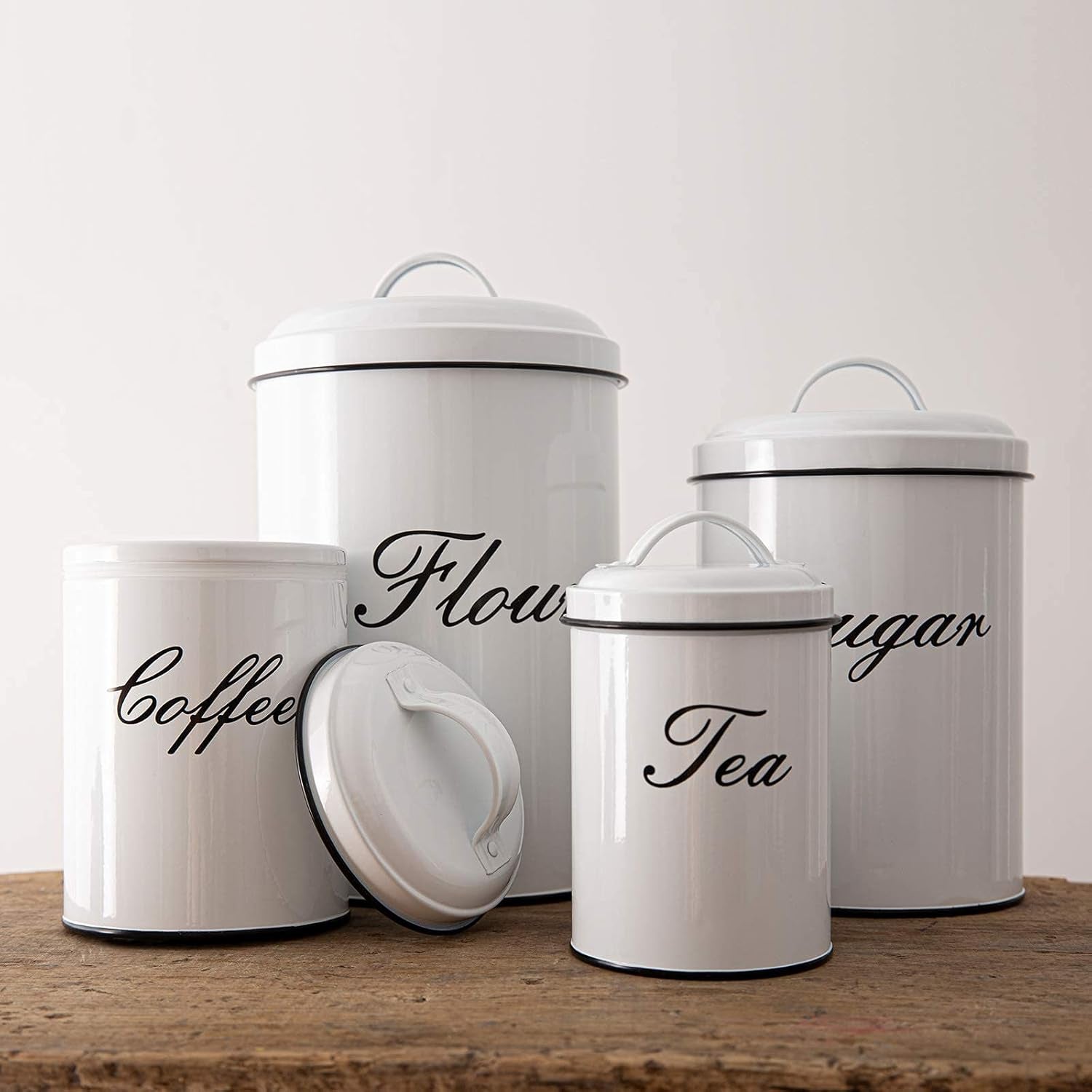White Canister Sets for Kitchen Counter, Flour and Sugar Containers, Vintage Farmhouse Design Food Storage Container, 4 Pack