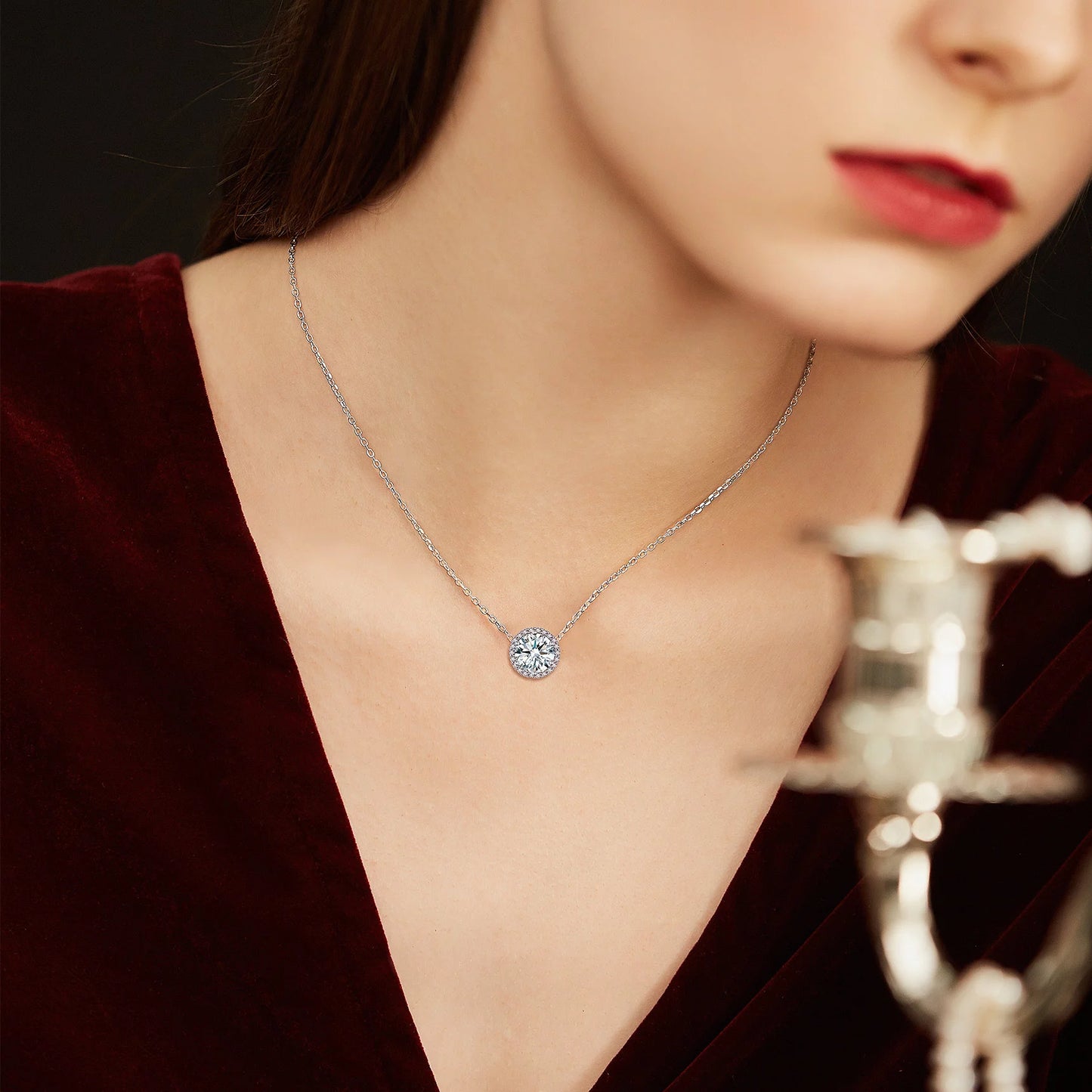 Birthstone Necklace for Women 925 Sterling Silver Necklaces April round White Diamond Crystal Pendant Gifts for Everyday Wear