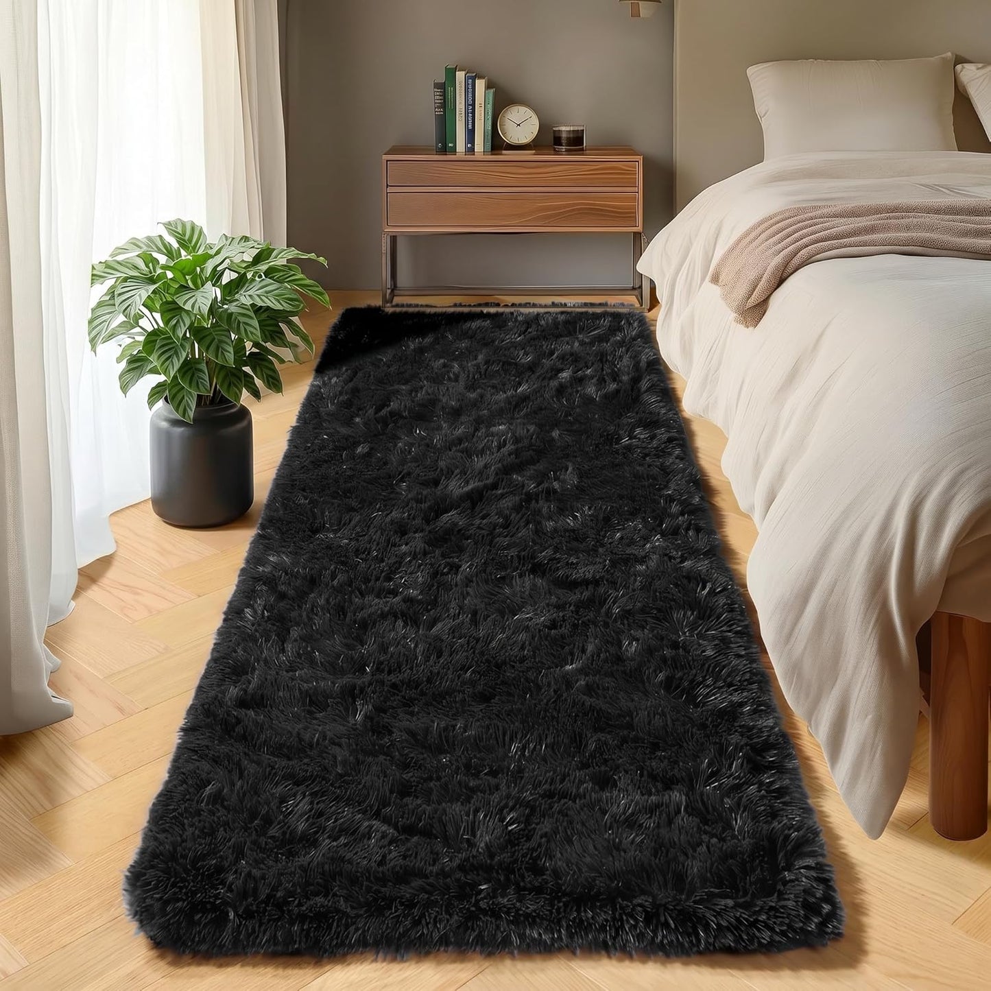 Black Runner Rugs for Bedroom Living Room, 2X6 Bedside Fluffy Area Rug, Indoor Ultra Soft Plush Shaggy Furry Floor Throw Carpet for Hallway Nursery Kids Boys Girls Dorm Closet Home Decor