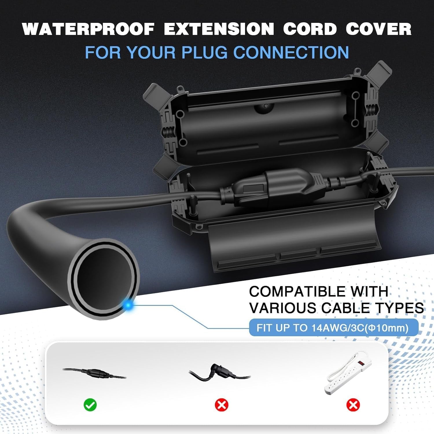 [3 Pack] Outdoor Extension Cord Safety Cover with Waterproof Seal, Weatherproof Electrical Connection Box to Protect Outdoor Outlet, Plug, Socket, Christmas Holiday Decoration Light, Black