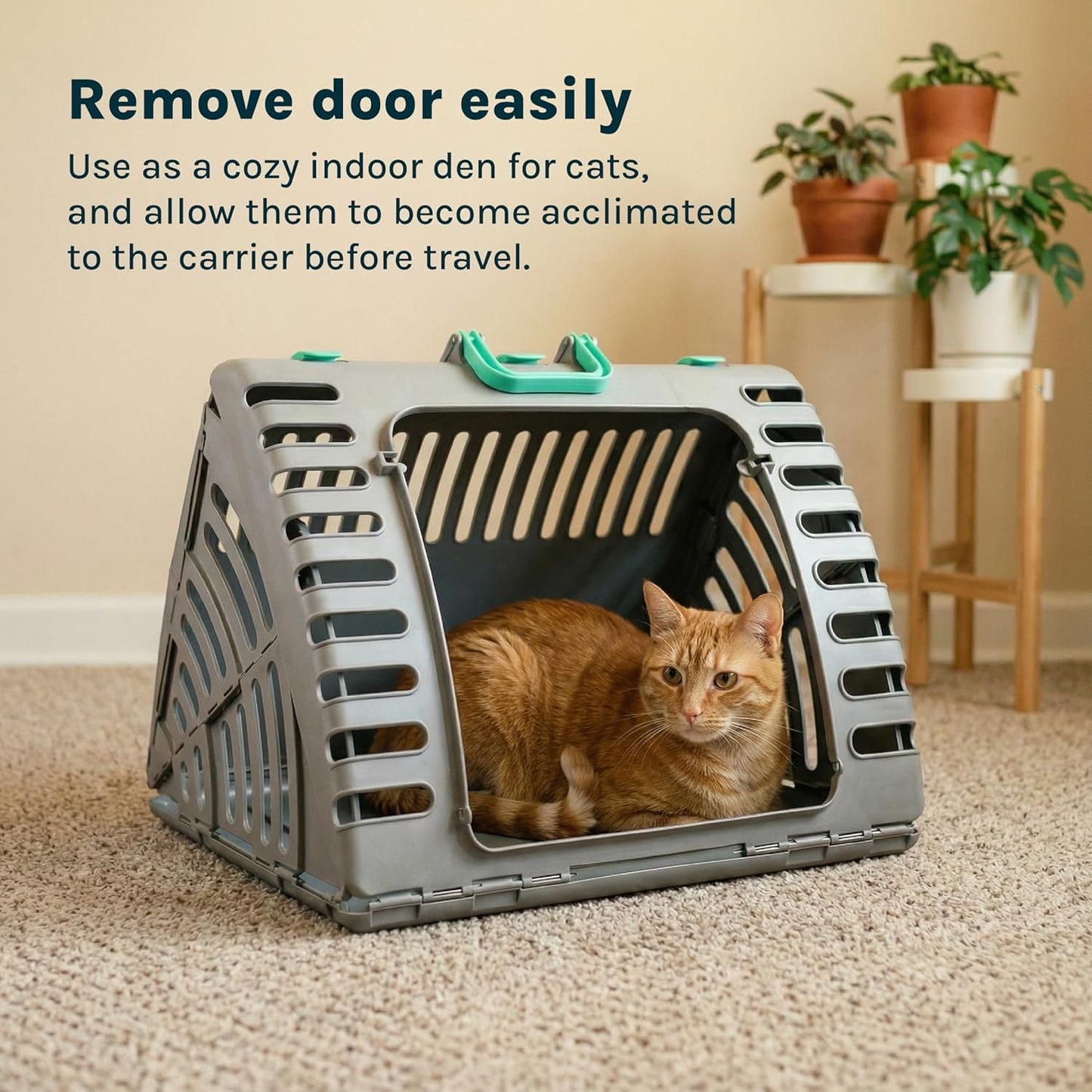 Sportpet Travel Cat Carrier, Hard-Sided Cat Carrier with Patented Wide Side-Opening Door, Foldable Portable Pet Carrier with Removable Bed for Cats & Small Pets up to 25 Lbs - Dark Grey/Teal