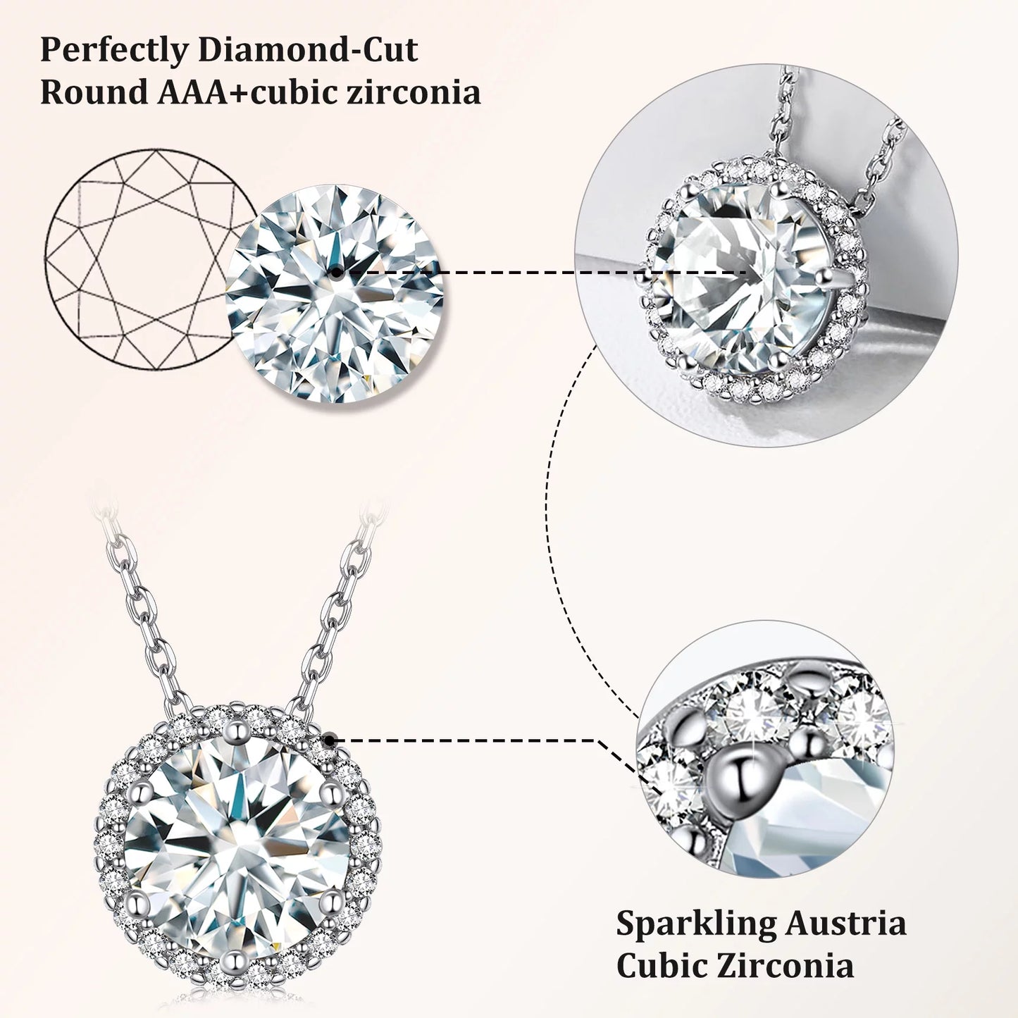 Birthstone Necklace for Women 925 Sterling Silver Necklaces April round White Diamond Crystal Pendant Gifts for Everyday Wear
