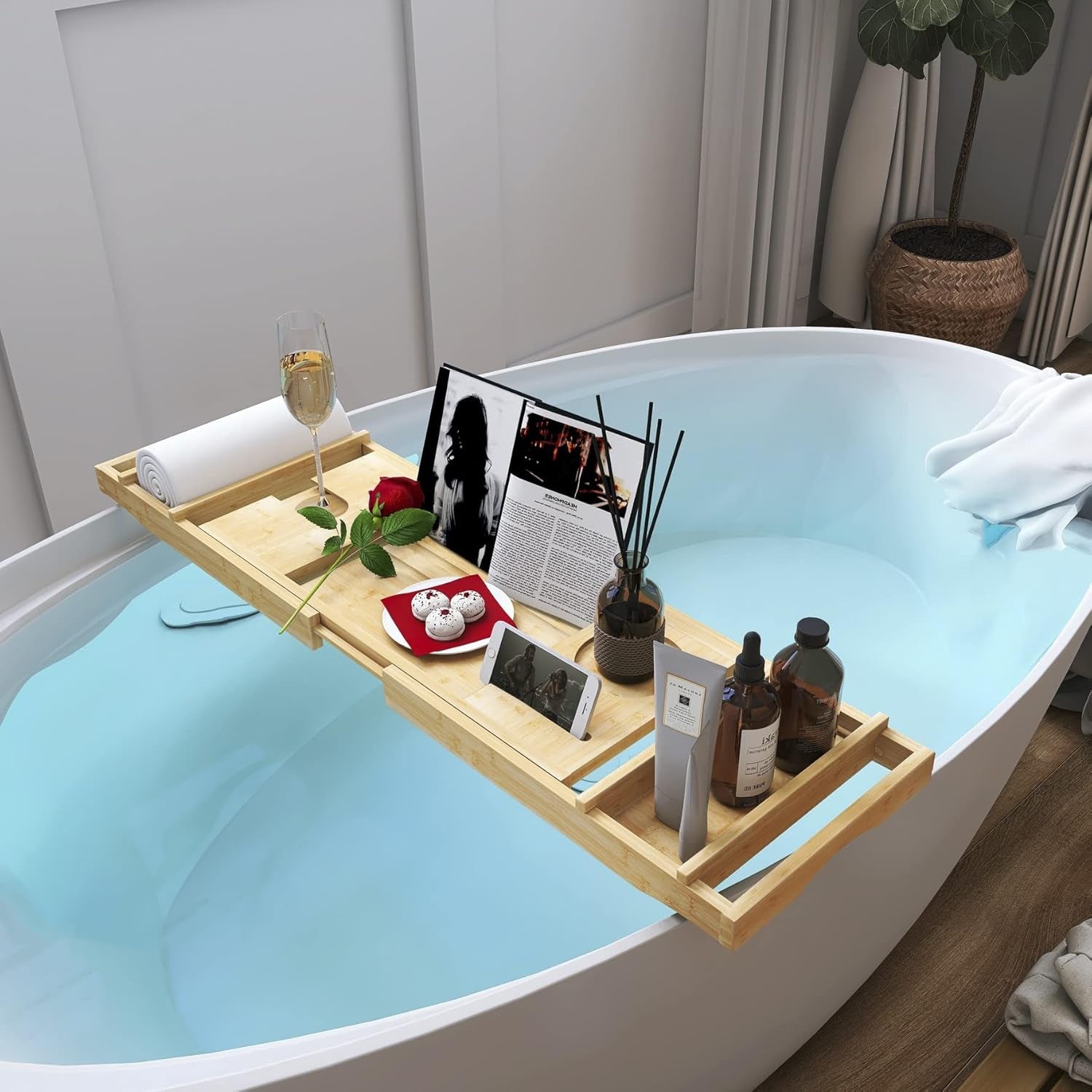 Bamboo Bathtub Caddy Tray, Expandable Bath Table over Tub for 1-2 Person, Luxury Bath & Bed Tray with Wineglass Book & Free Soap Holder (Natural)
