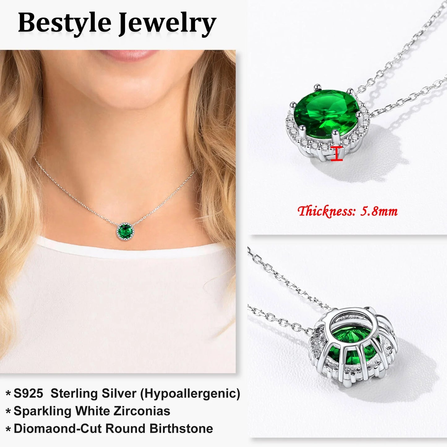 Birthstone Necklace for Women 925 Sterling Silver Necklaces May round Green Emerald Crystal Pendant Gifts for Everyday Wear