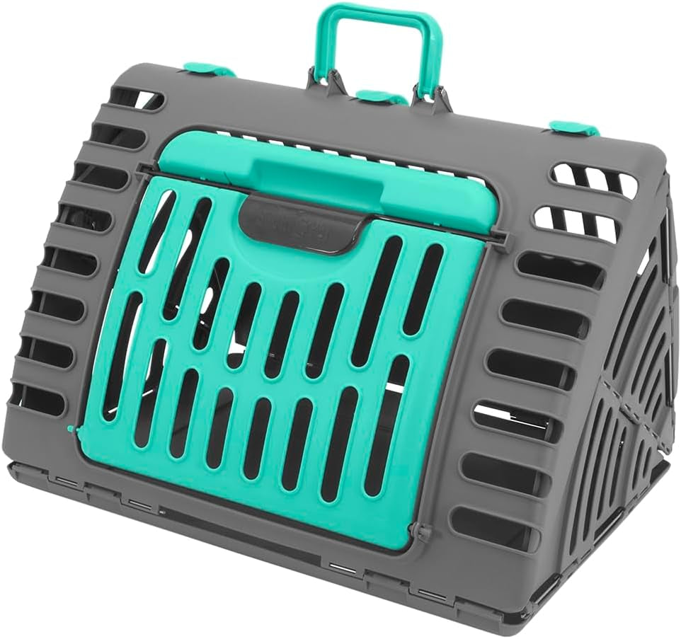 Sportpet Travel Cat Carrier, Hard-Sided Cat Carrier with Patented Wide Side-Opening Door, Foldable Portable Pet Carrier with Removable Bed for Cats & Small Pets up to 25 Lbs - Dark Grey/Teal