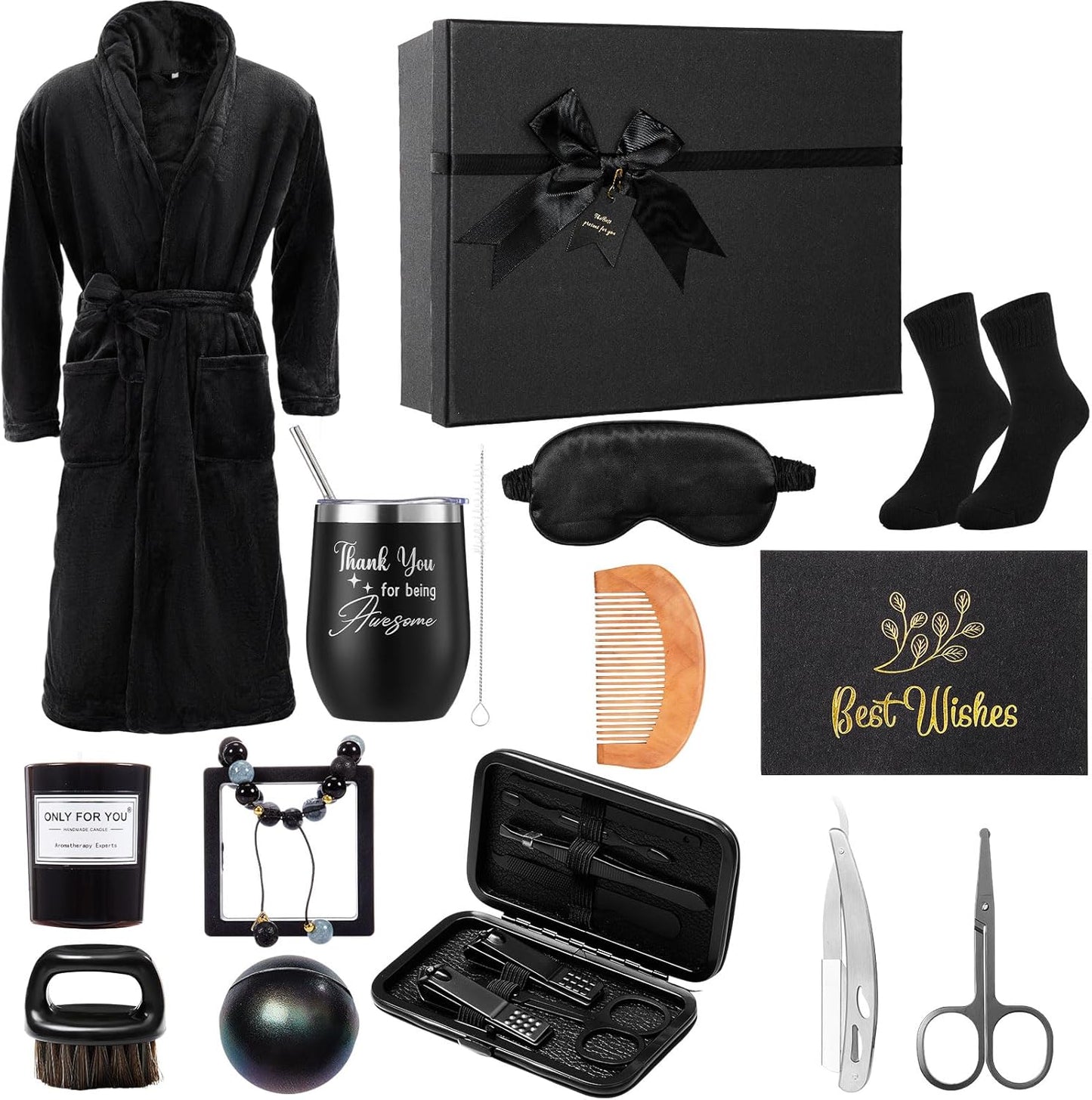 15 Pcs Birthday Gifts for Men Beard Care Set for Him Dad Birthday Gifts Basket Ideas Kit for Men Tumbler Bath Robe for Father'S Day Dad Husband Boyfriend Box (Unhooded,Black)