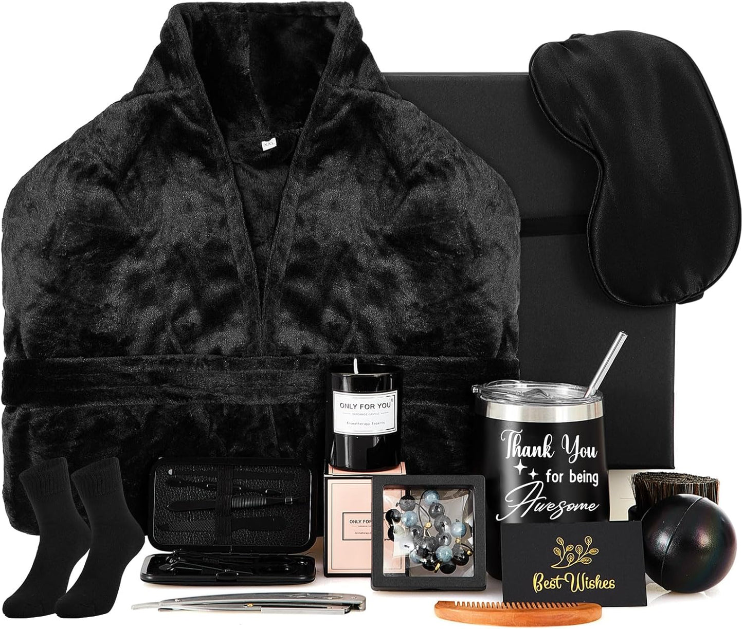 15 Pcs Birthday Gifts for Men Beard Care Set for Him Dad Birthday Gifts Basket Ideas Kit for Men Tumbler Bath Robe for Father'S Day Dad Husband Boyfriend Box (Unhooded,Black)