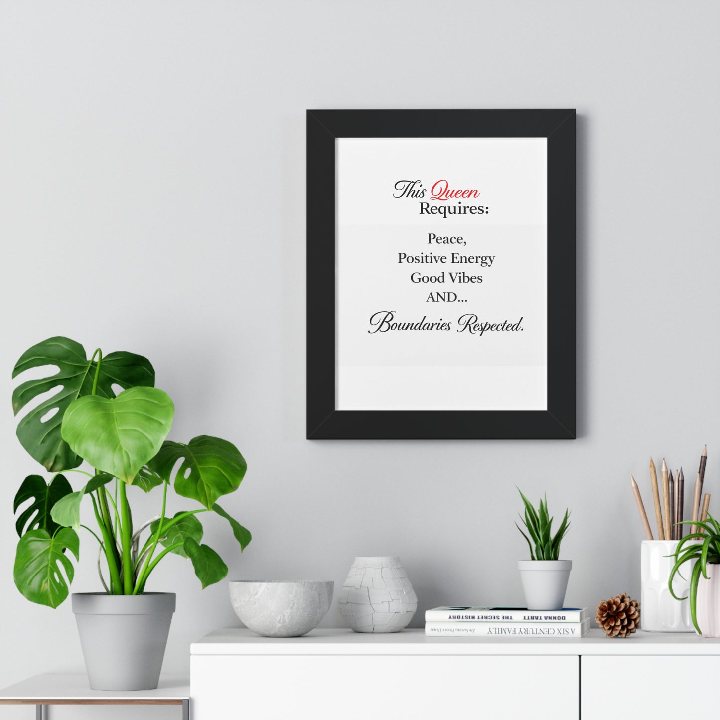 Framed Vertical Poster — "This Queen Requires: Peace, Positive Energy, Good Vibes & Boundaries Respected"