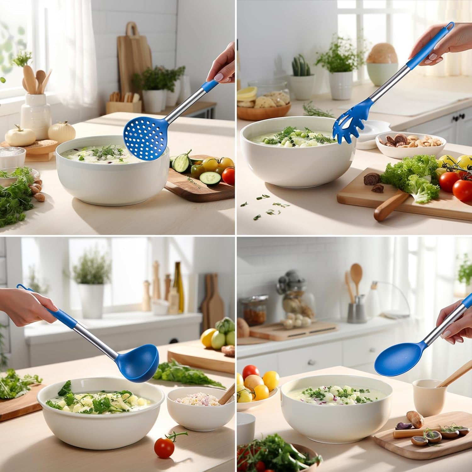 Silicone Kitchen Utensils Set -  6-Pieces Blue Silicone Cooking Utensils Set for Nonstick Cookware - Stainless Steel Handle