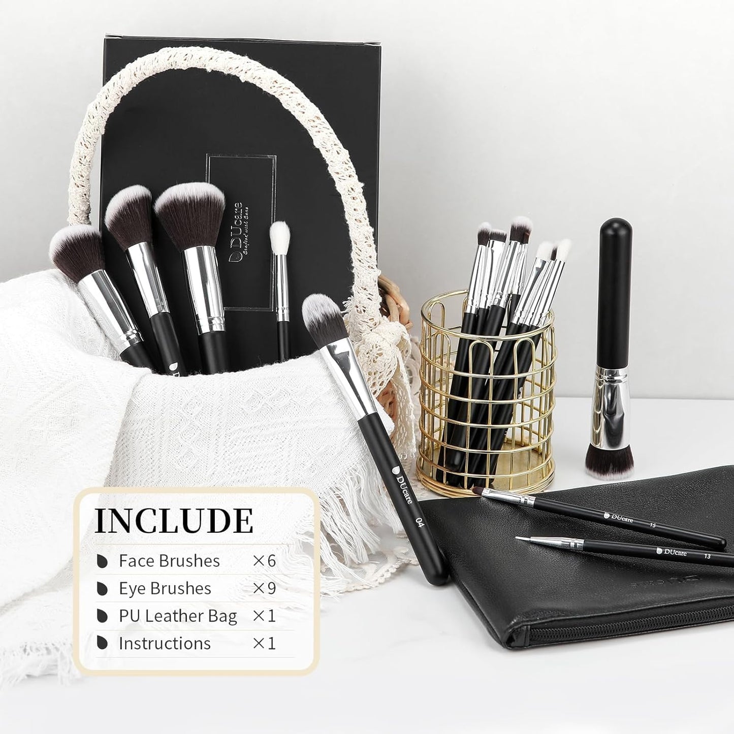 Makeup Brushes with Travel Bag 15Pcs Makeup Brush Set Kabuki Foundation Blending Blush Eyeliner Shadow Brow Concealer Brushes Kit