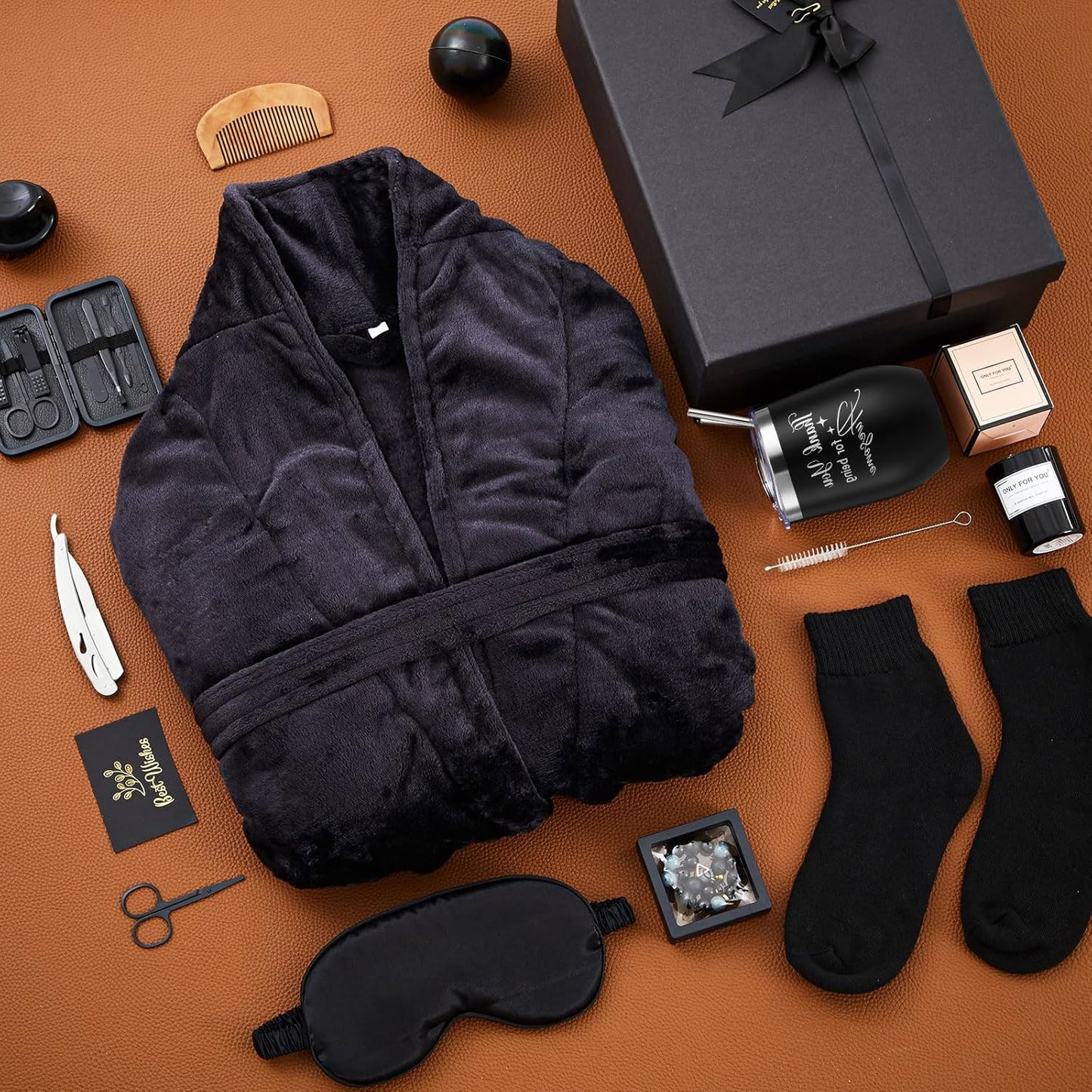 15 Pcs Birthday Gifts for Men Beard Care Set for Him Dad Birthday Gifts Basket Ideas Kit for Men Tumbler Bath Robe for Father'S Day Dad Husband Boyfriend Box (Unhooded,Black)