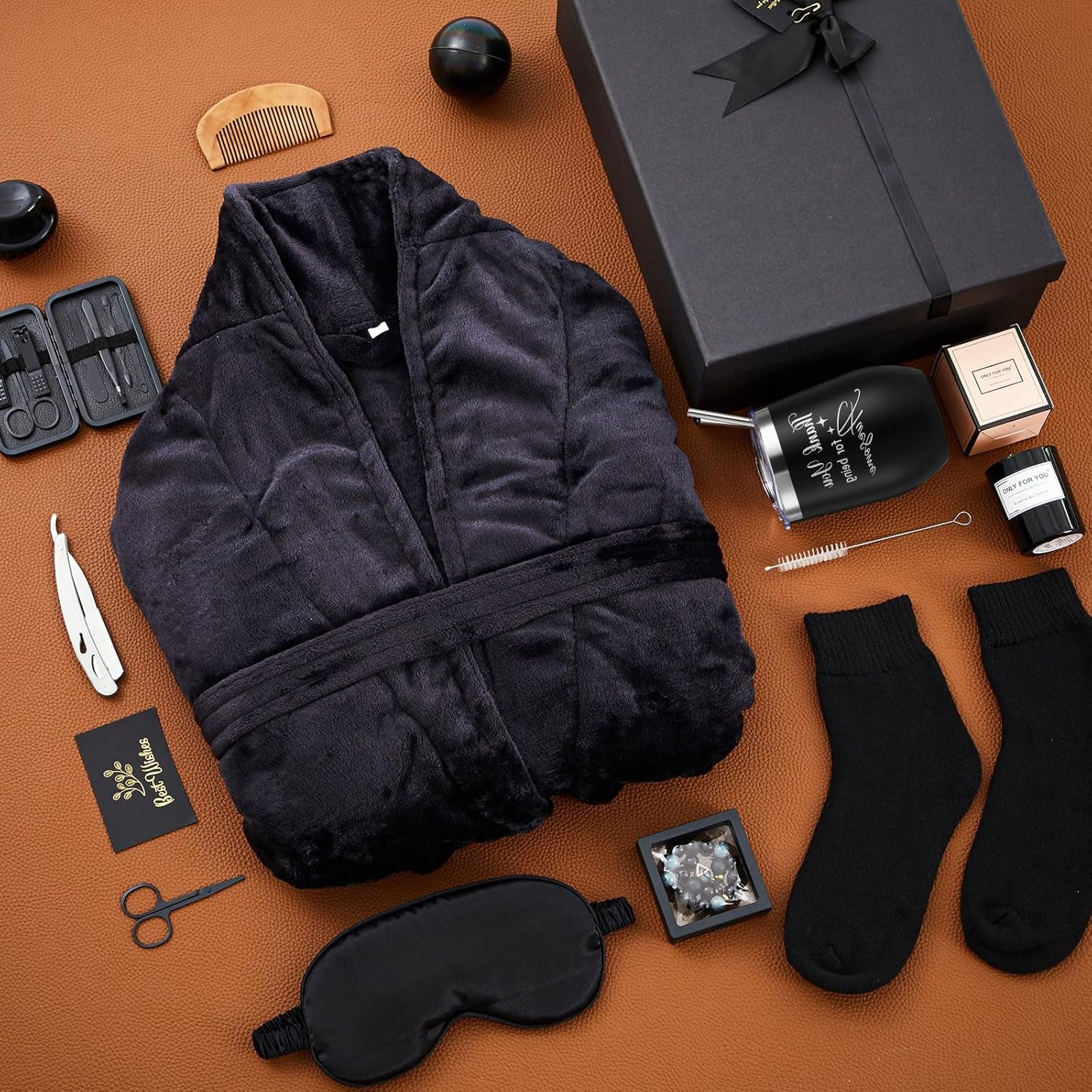 15 Pcs Birthday Gifts for Men Beard Care Set for Him Dad Birthday Gifts Basket Ideas Kit for Men Tumbler Bath Robe for Father'S Day Dad Husband Boyfriend Box (Unhooded,Black)