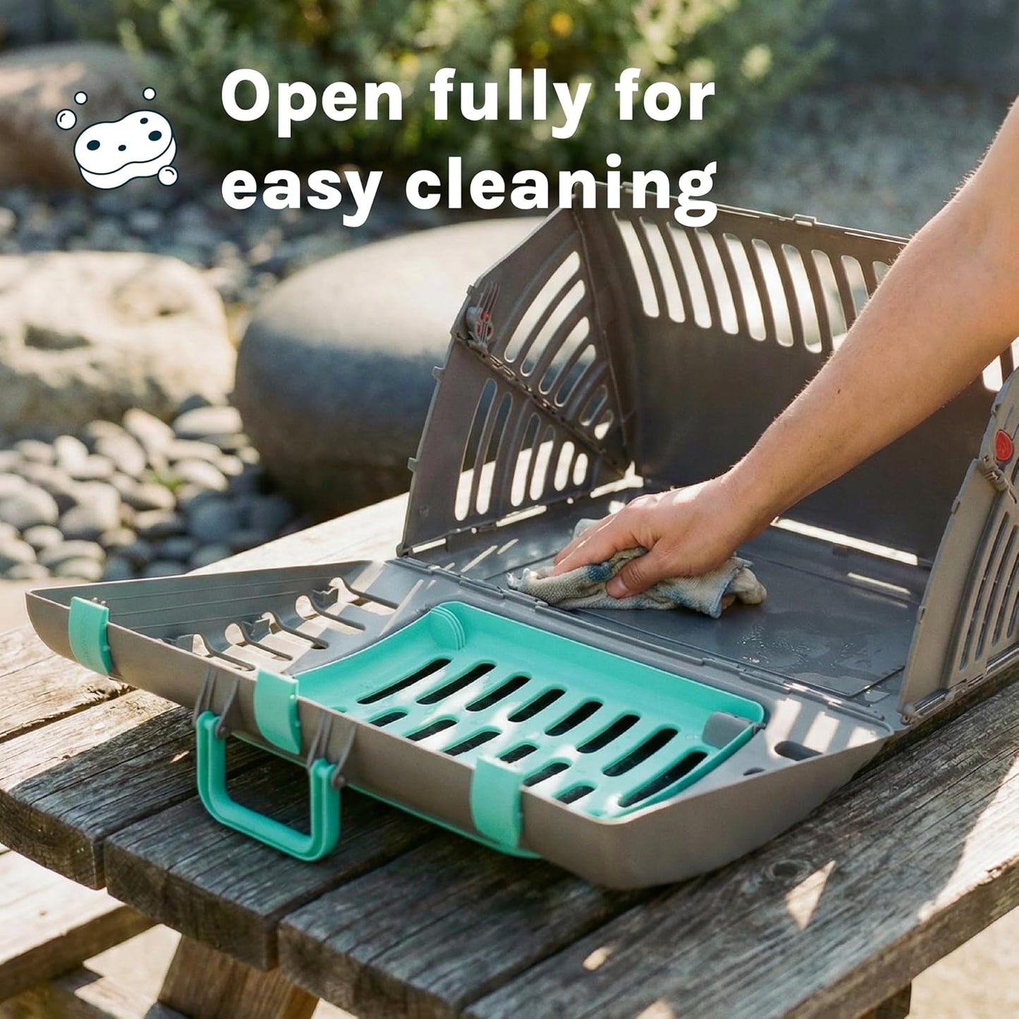 Sportpet Travel Cat Carrier, Hard-Sided Cat Carrier with Patented Wide Side-Opening Door, Foldable Portable Pet Carrier with Removable Bed for Cats & Small Pets up to 25 Lbs - Dark Grey/Teal