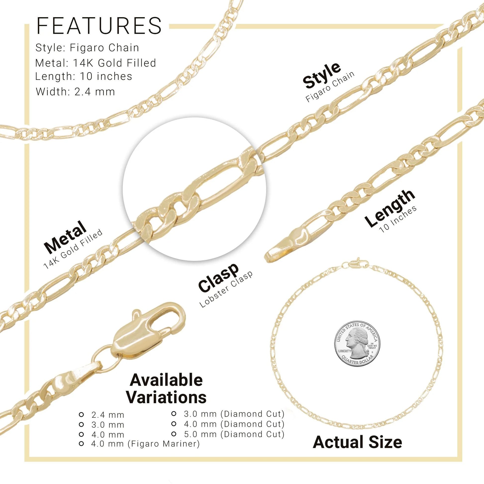Women Figaro Chain Anklet 14K Gold Filled Ankle Bracelet 10" Foot Jewelry 2.4 Mm