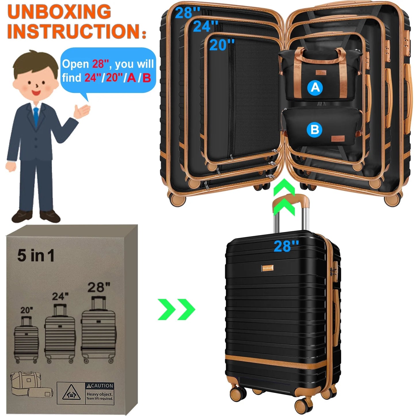 12.00" 3 Piece Hardside Spinner Lightweight Luggage Set, Black