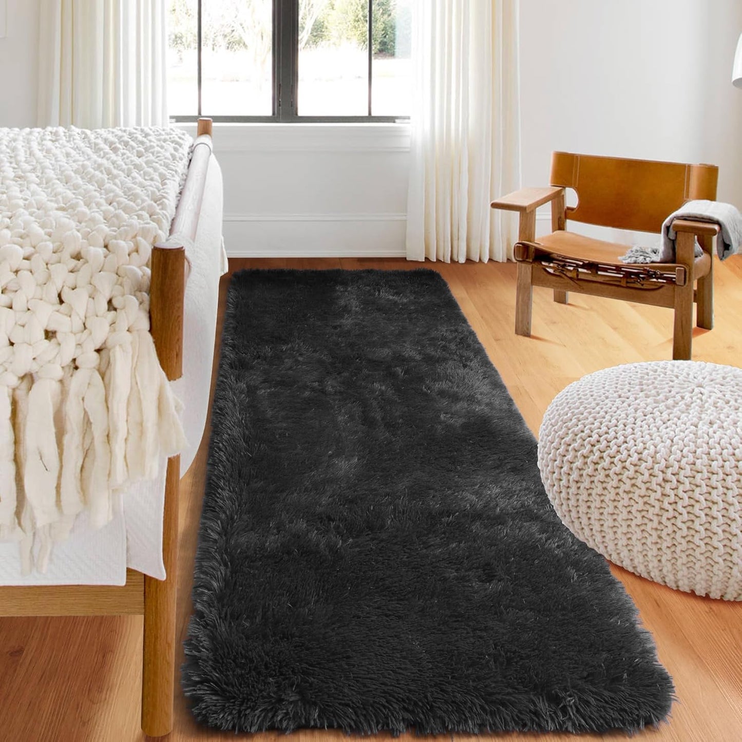 Black Runner Rugs for Bedroom Living Room, 2X6 Bedside Fluffy Area Rug, Indoor Ultra Soft Plush Shaggy Furry Floor Throw Carpet for Hallway Nursery Kids Boys Girls Dorm Closet Home Decor