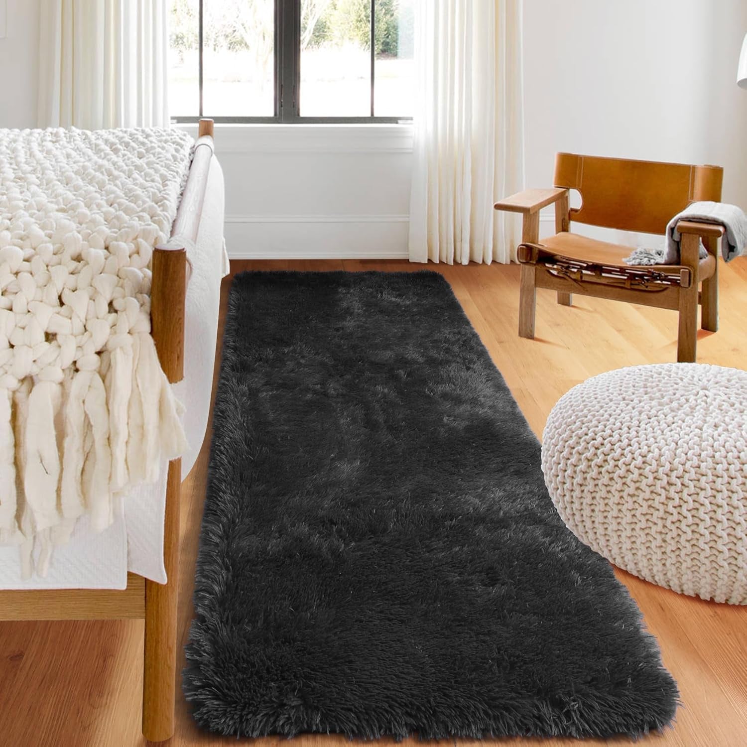 Black Runner Rugs for Bedroom Living Room, 2X6 Bedside Fluffy Area Rug, Indoor Ultra Soft Plush Shaggy Furry Floor Throw Carpet for Hallway Nursery Kids Boys Girls Dorm Closet Home Decor