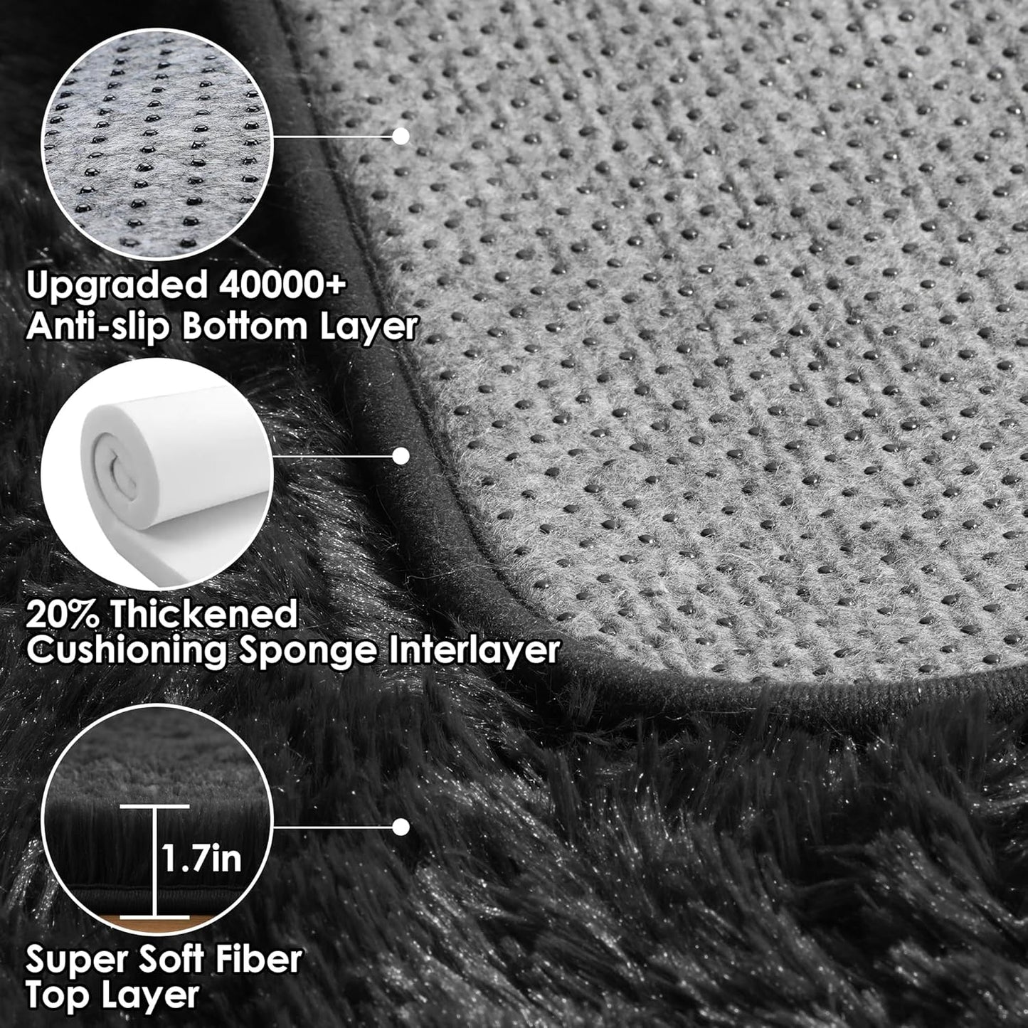 Black Runner Rugs for Bedroom Living Room, 2X6 Bedside Fluffy Area Rug, Indoor Ultra Soft Plush Shaggy Furry Floor Throw Carpet for Hallway Nursery Kids Boys Girls Dorm Closet Home Decor