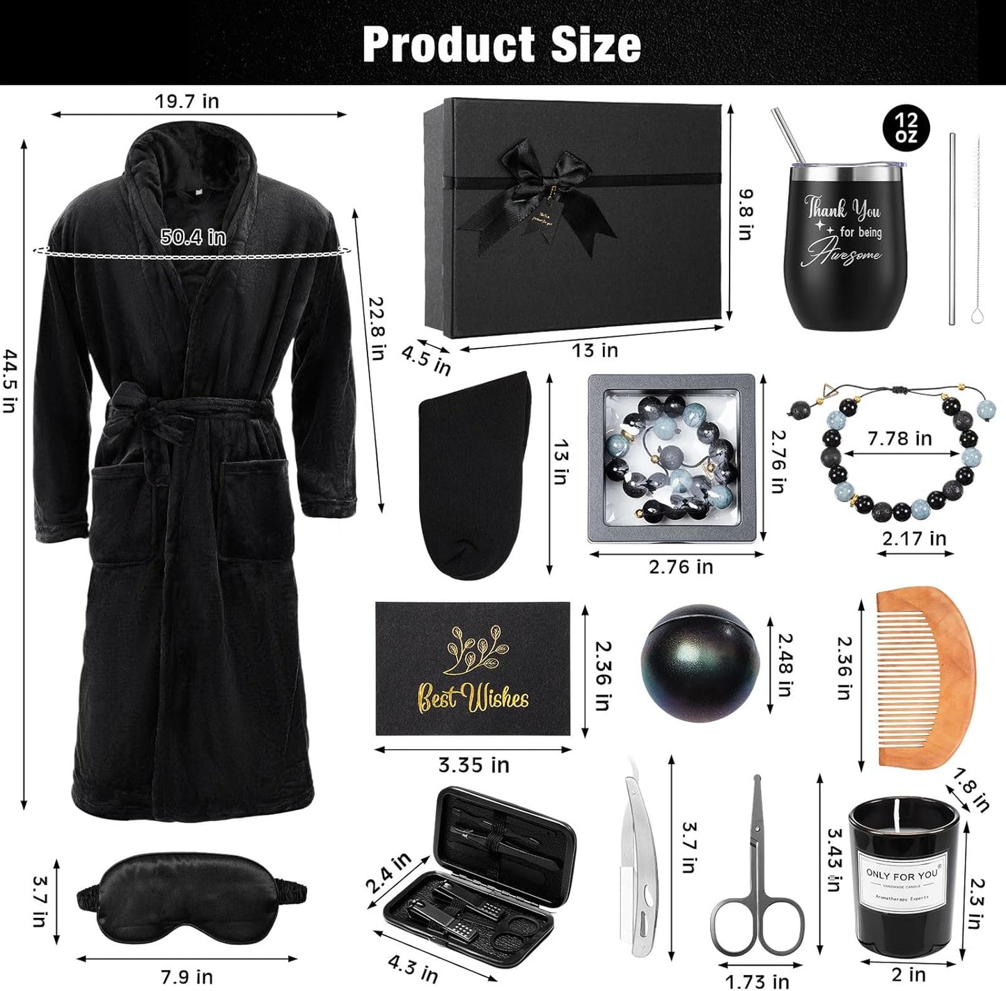 15 Pcs Birthday Gifts for Men Beard Care Set for Him Dad Birthday Gifts Basket Ideas Kit for Men Tumbler Bath Robe for Father'S Day Dad Husband Boyfriend Box (Unhooded,Black)