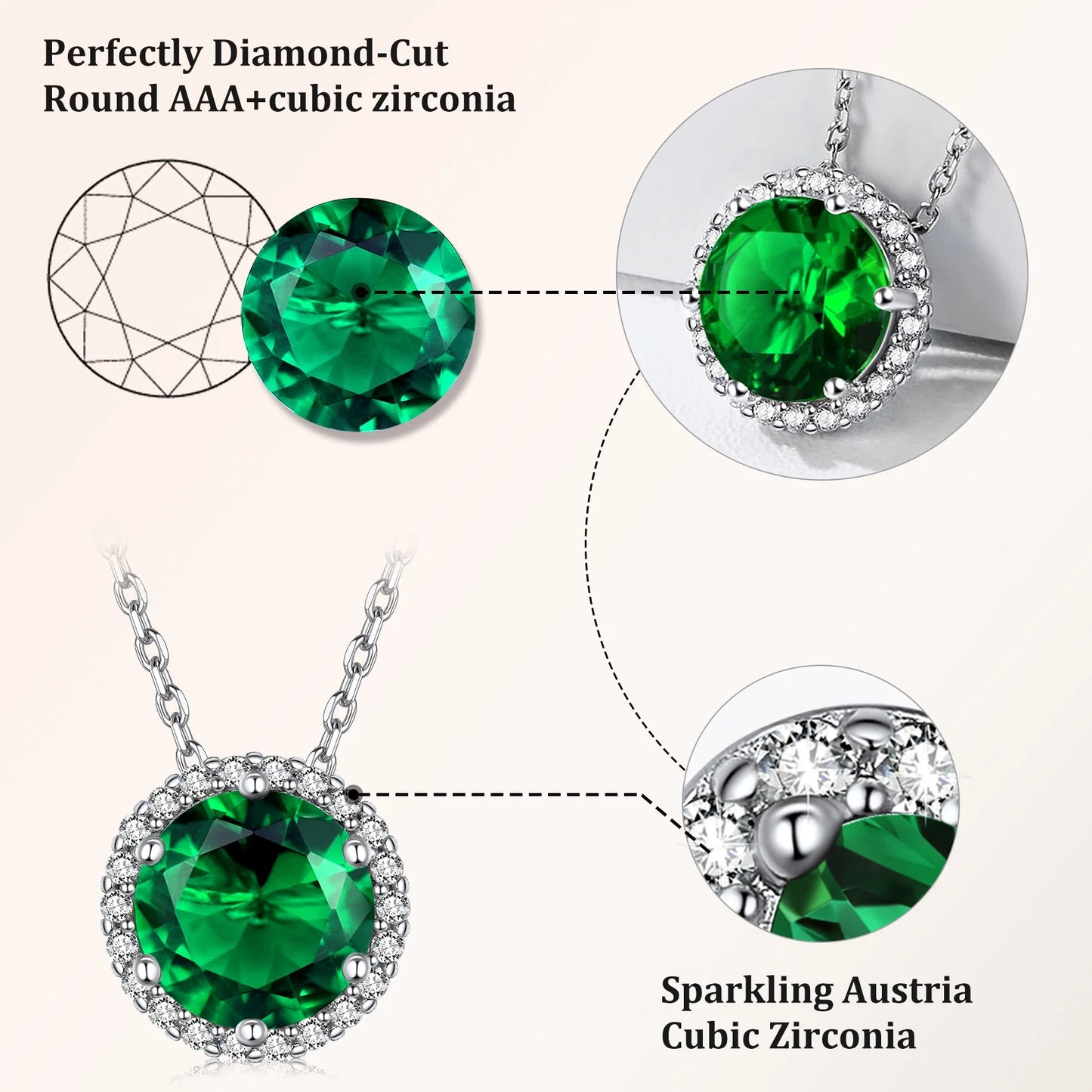 Birthstone Necklace for Women 925 Sterling Silver Necklaces May round Green Emerald Crystal Pendant Gifts for Everyday Wear