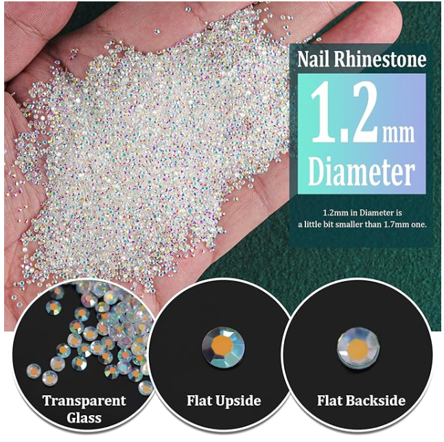 Tiny Nail Rhinestones 5000Pcs 1.2Mm Mini Pixie AB Glass Crystals for Nail Art Manicure Iridescent Long Lasting Shine Small Rhinestone Micro Dust Glitter Caviar Bead Sugar Gem