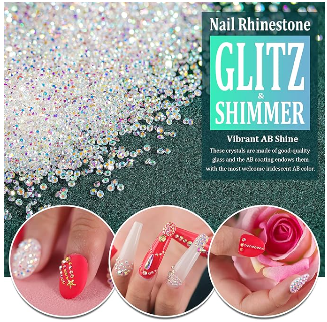 Tiny Nail Rhinestones 5000Pcs 1.2Mm Mini Pixie AB Glass Crystals for Nail Art Manicure Iridescent Long Lasting Shine Small Rhinestone Micro Dust Glitter Caviar Bead Sugar Gem