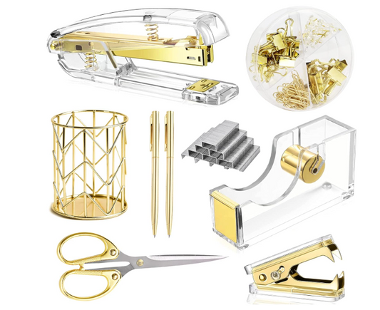 Gold Desk Accessories，Office Supplies Set Acrylic Stapler Set Staple Remover, Tape/Pen Holder, 2 Ballpoint Pen, Scissor, Binder/Paper Clips and 1000Pcs Staples.