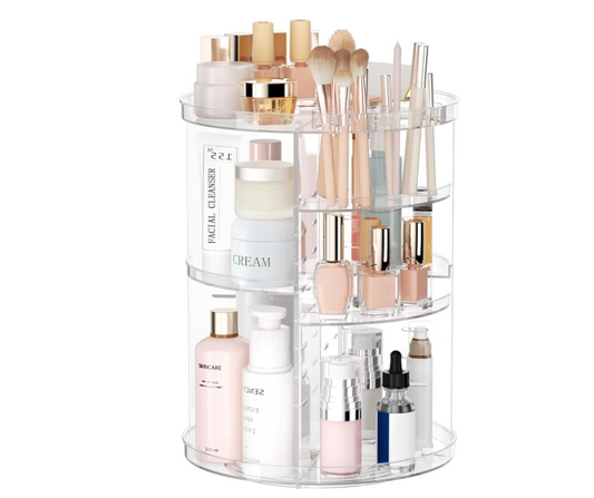 Rotating Makeup Organizer, DIY 8 Adjustable Layers Spinning Skincare Organizer, Cosmetic Display Case with Brush Holder Perfume Tray, Multi-Function Storage Carousel for Vanity Bathroom Countertop