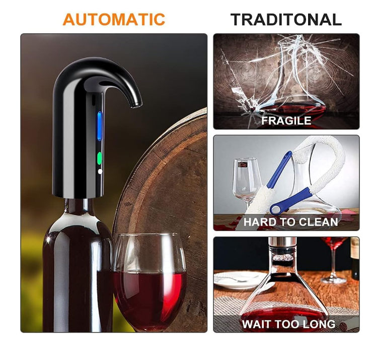 Electric Wine Aerator, Electric Wine Pourer and Wine Dispenser Pump, Multi-Smart Automatic Filter Wine Dispenser with USB Rechargeable for Travel, Home and Bar(Black)