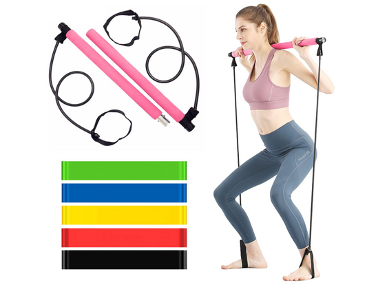 Pilates Bar Kit with Resistance Band - Portable Yoga Pilates Stick Exercise Stick with Foot Loop Fitness Stretching Equipment Home Gym Bodybuilding for Fully Body Workout (Pink)