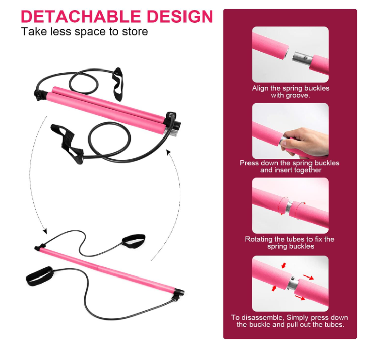 Pilates Bar Kit with Resistance Band - Portable Yoga Pilates Stick Exercise Stick with Foot Loop Fitness Stretching Equipment Home Gym Bodybuilding for Fully Body Workout (Pink)