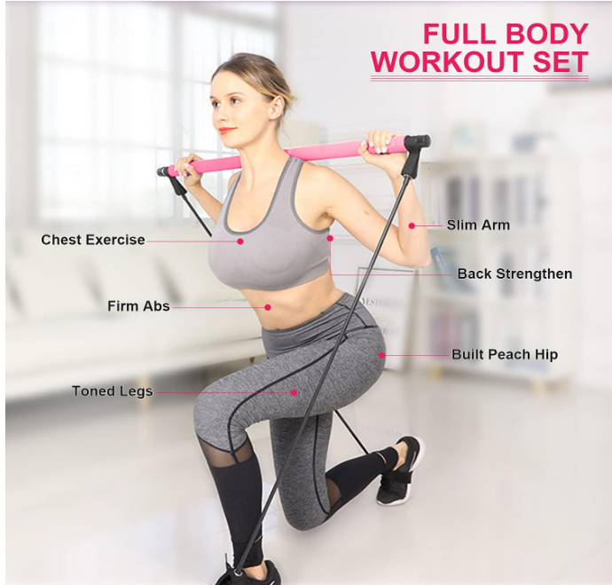 Pilates Bar Kit with Resistance Band - Portable Yoga Pilates Stick Exercise Stick with Foot Loop Fitness Stretching Equipment Home Gym Bodybuilding for Fully Body Workout (Pink)
