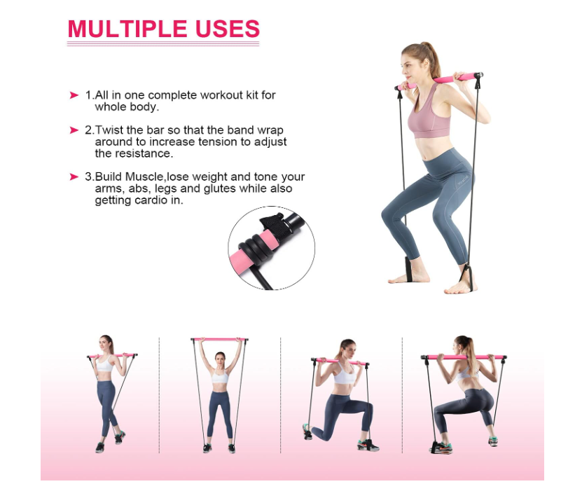 Pilates Bar Kit with Resistance Band - Portable Yoga Pilates Stick Exercise Stick with Foot Loop Fitness Stretching Equipment Home Gym Bodybuilding for Fully Body Workout (Pink)