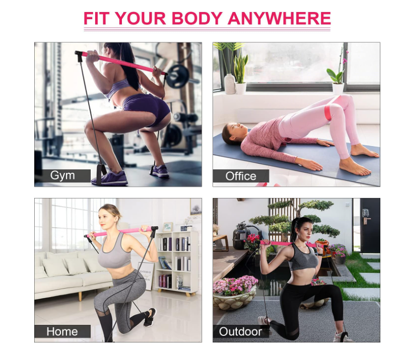 Pilates Bar Kit with Resistance Band - Portable Yoga Pilates Stick Exercise Stick with Foot Loop Fitness Stretching Equipment Home Gym Bodybuilding for Fully Body Workout (Pink)